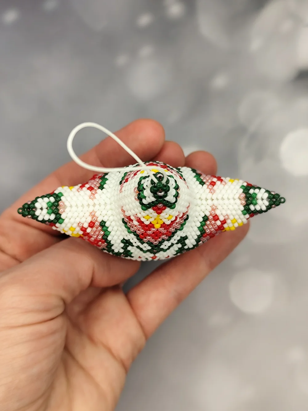 Handmade White Beaded Star Holiday Ornament with Red, Green & Yellow Accents